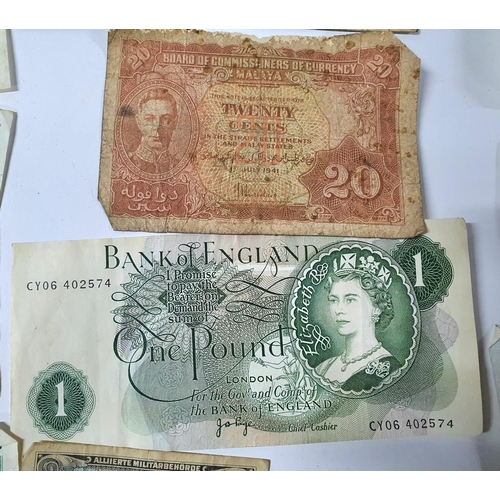 209 - Quantity of old British, European and world bank notes, mainly mid 20thC together with a vintage lea... 