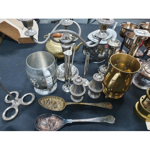 222 - Large quantity of good quality metalware including a miner lamp, six goblets, flatware etc (Qty)