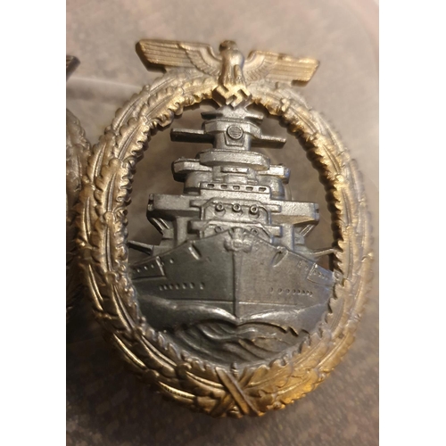 243 - Three (possible) replica German WW2 Kriegsmarine High seas fleet badge. Featuring one of the Scharnh... 