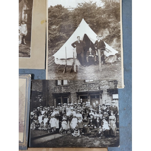 257 - Collection of old large mounted photos etc including a company of soldiers in dress uniform outside ... 