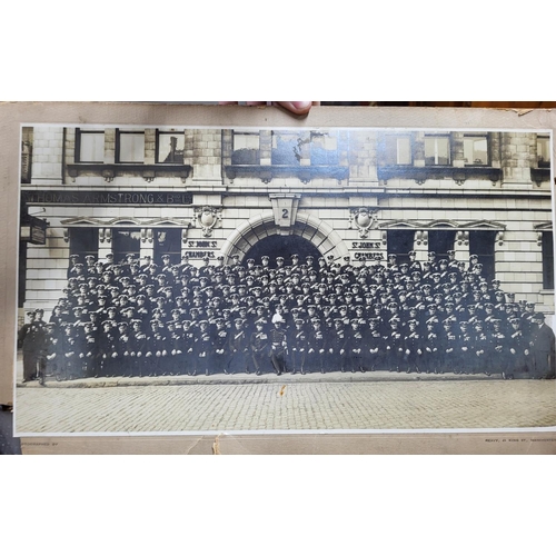 257 - Collection of old large mounted photos etc including a company of soldiers in dress uniform outside ... 