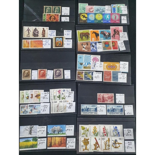 353 - Eight small dealer cards containing  East and West Germany mint and unused unmounted 20thC including... 