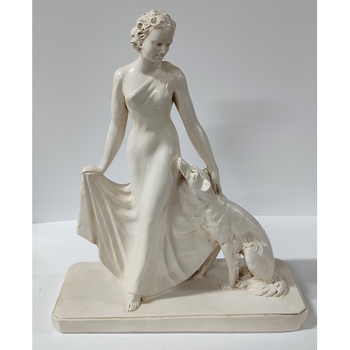 519 - After S. Melani, (1902-1934), art-deco figurative plaster sculpture depicting lady with dog

51cm hi... 