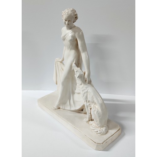 519 - After S. Melani, (1902-1934), art-deco figurative plaster sculpture depicting lady with dog

51cm hi... 