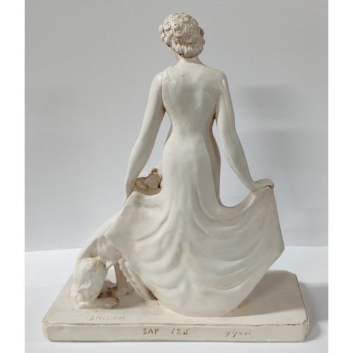 519 - After S. Melani, (1902-1934), art-deco figurative plaster sculpture depicting lady with dog

51cm hi... 