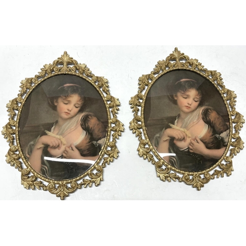 88 - 2 gold gilted metal frames with blue velvet backing