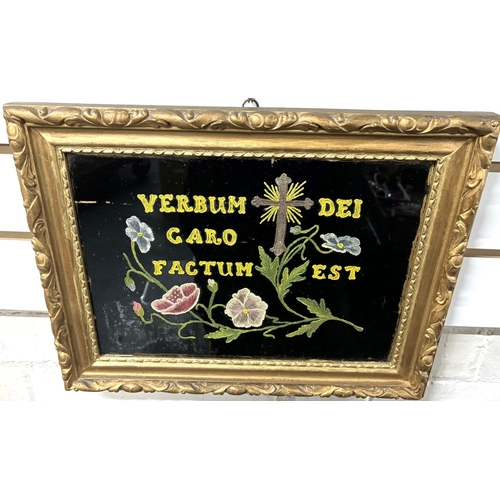 89 - Antique hand-painted Maltese oil on glass religious saying in original gilt frame