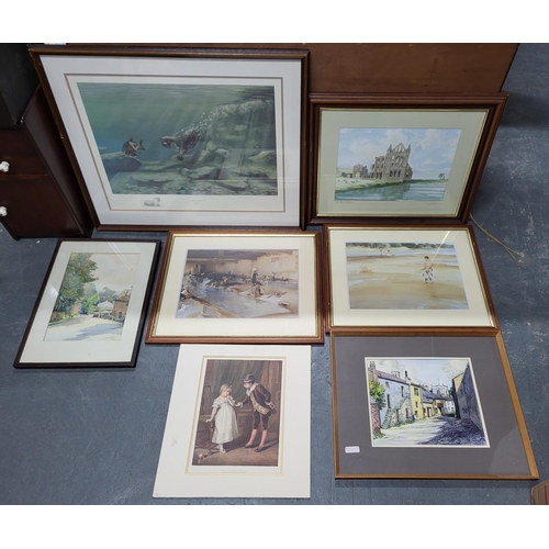 470 - Three mid 20thC local scene watercolours together with four prints including a Nigel Hemming limited... 