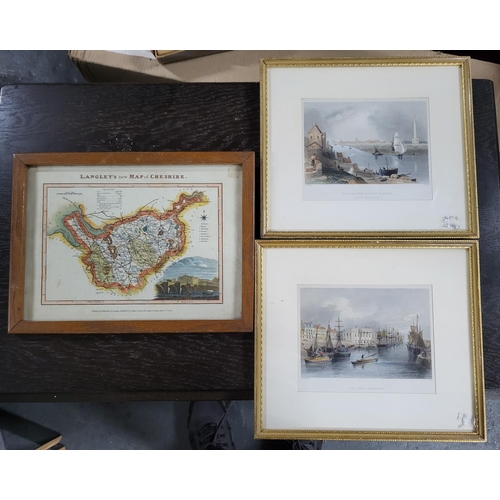 471 - Small, early 19thC hand-coloured map of Cheshire by Langley together with 2 framed portrait Mezzotin... 