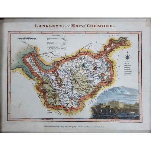 471 - Small, early 19thC hand-coloured map of Cheshire by Langley together with 2 framed portrait Mezzotin... 