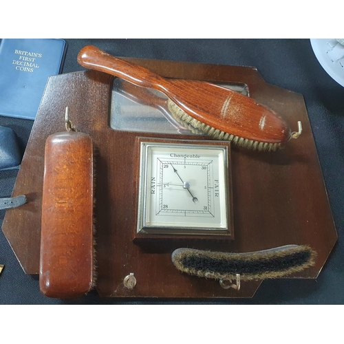 239 - Numerous collectables including a shoe-shine & thermometer set, coins & watches including Accurist w... 