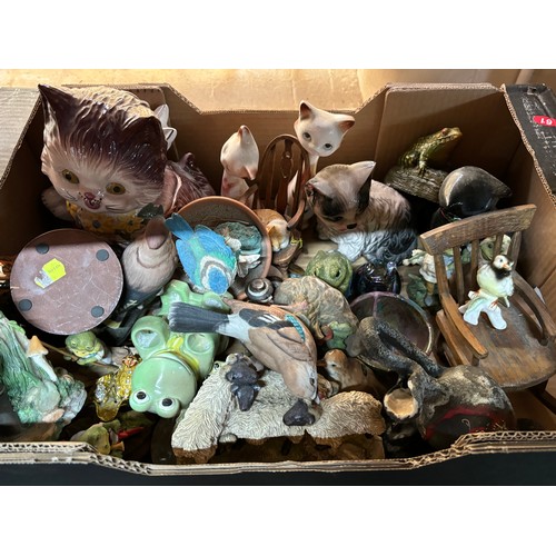 240 - Box of ceramic and glass animals including Parrot, Cat and Frog