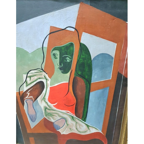 32 - Unsigned, modern cubist school oil on canvas portrait of a young lady in the manner of Picasso, in f... 