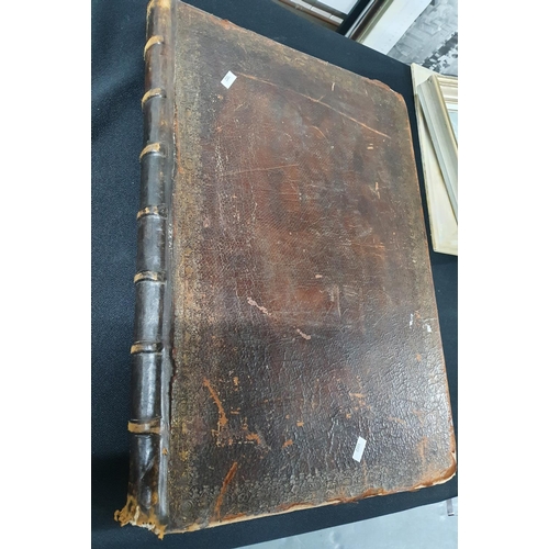 59 - Large mid 19thC heavy leather bound portfolio book (60 x 44cm) filled with around 30 single sided pa... 