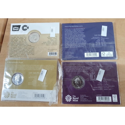 23 - Royal Mint 2015 silver GB £50 coin together with 3 QEII GB £20 Royal mint coins (4),

All uncirculat... 