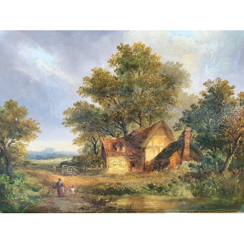 119 - Early 20thC English country cottage scene, possibly initialed OS oil on canvas in superb original ge... 