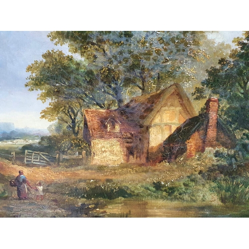 119 - Early 20thC English country cottage scene, possibly initialed OS oil on canvas in superb original ge... 