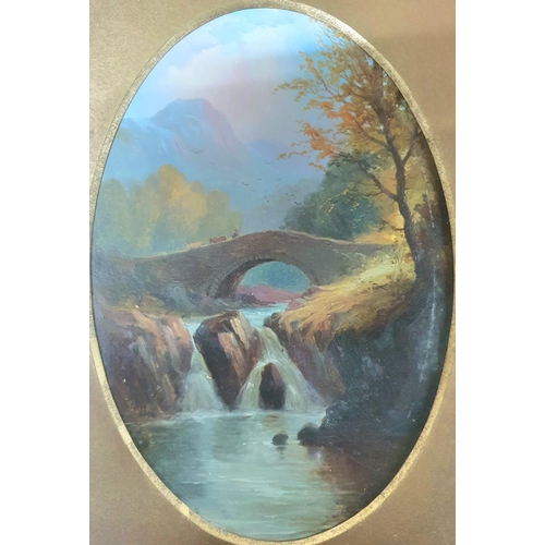 121 - Pair of Victorian Welsh river bridge scenes both signed C LAMBERT and both in gilt oval mounts and m... 