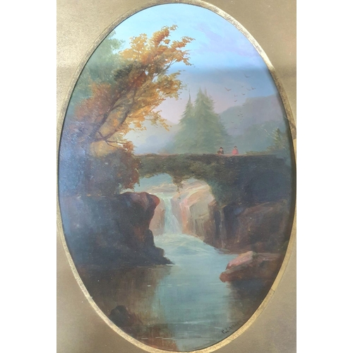 121 - Pair of Victorian Welsh river bridge scenes both signed C LAMBERT and both in gilt oval mounts and m... 