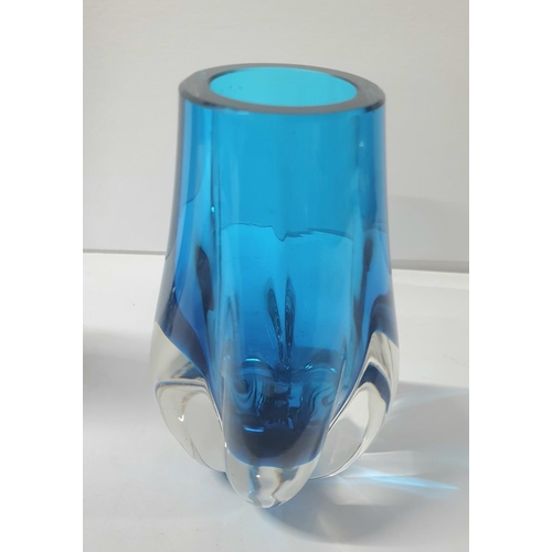 145 - Four items of blue Whitefriars to include blue knobbly (no 9727) heavy squat vase, tall blue 