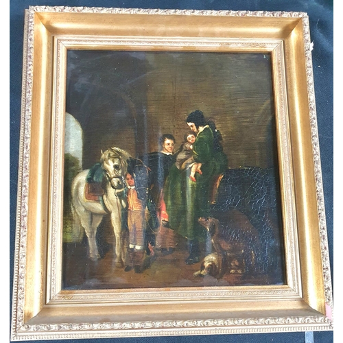 84 - Unsigned Victorian oil on wood panel painting of a lady on horseback in a stable possibly after Land... 