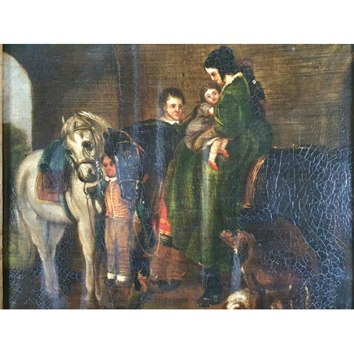 84 - Unsigned Victorian oil on wood panel painting of a lady on horseback in a stable possibly after Land... 