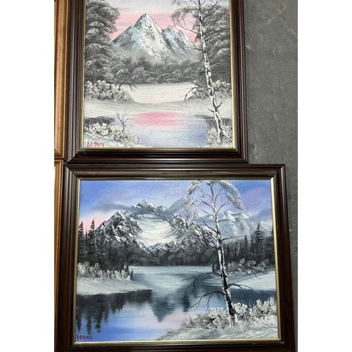 83 - 4 Oil on Boards signed Brown Forrest and Snowy scenes