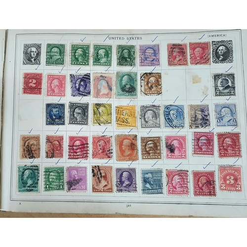 201 - Old blue Improved stamp album depicting a large quantity of early stamps from all continents especia... 