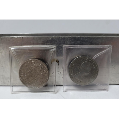 347 - Large collection of George VI and QEII half crowns in a long metal tub (Qty),

Most in VF or uncircu... 