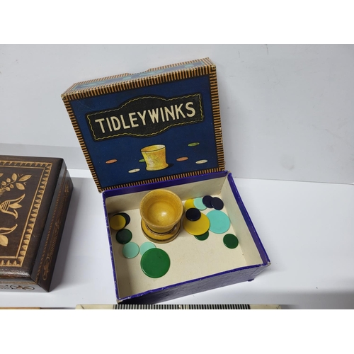 420 - Seven good quality inlaid or carved boxes together with an old Tiddly Winks box and contents and a d... 