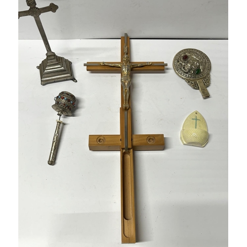 431 - Collection of Religous items including 2 crosses one a candle holder