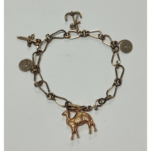 285 - Gold coloured charm bracelet with various charms, the camel clasp is marked 16K

8.8 grams gross