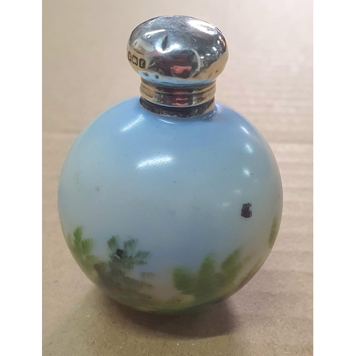 537 - Small decorated perfume bottle with a small Birmingham 1905 silver lid