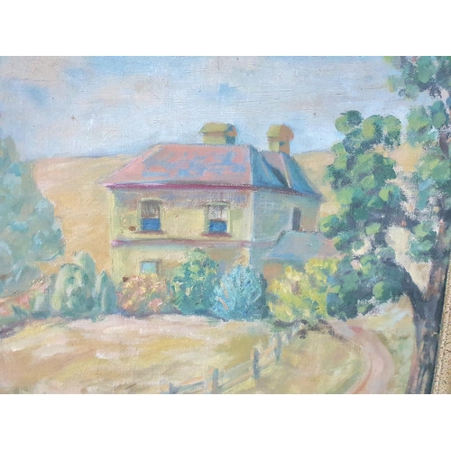 367 - Indistinctly signed mid 20thC British modern school oil on canvas, house in summer fields in origina... 