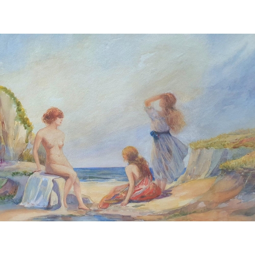 372 - After Sir William Russell Flint, watercolour, Nymphs at a coastal rock pool, unsigned, ascribed to w... 