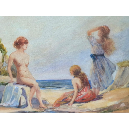 372 - After Sir William Russell Flint, watercolour, Nymphs at a coastal rock pool, unsigned, ascribed to w... 