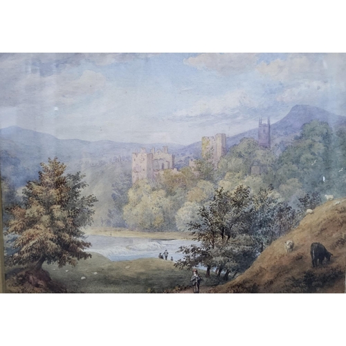 444 - Fine quality unsigned 19thC British watercolour depicting a ruined castle by a lake in its original ... 