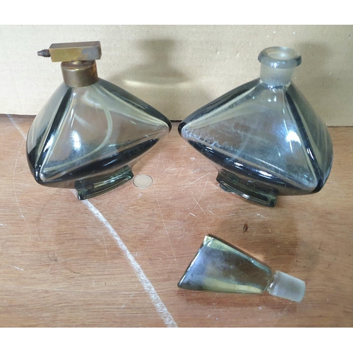 531 - Pair of vintage 20thC Art Deco style, heavy smoked glass tri-angular perfume bottle etc (2)