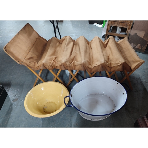 466 - Antique folding camping bed, an enamalled metal tub and a large ceramic bowl (3)