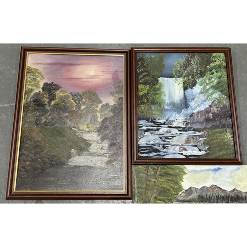 302 - 3 Oil on board 2 framed 1 is a waterfall scene