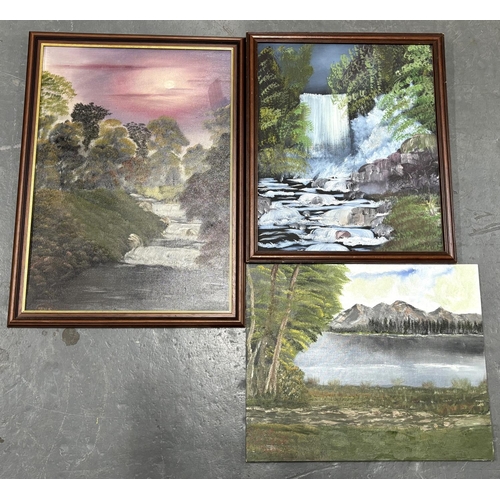 302 - 3 Oil on board 2 framed 1 is a waterfall scene