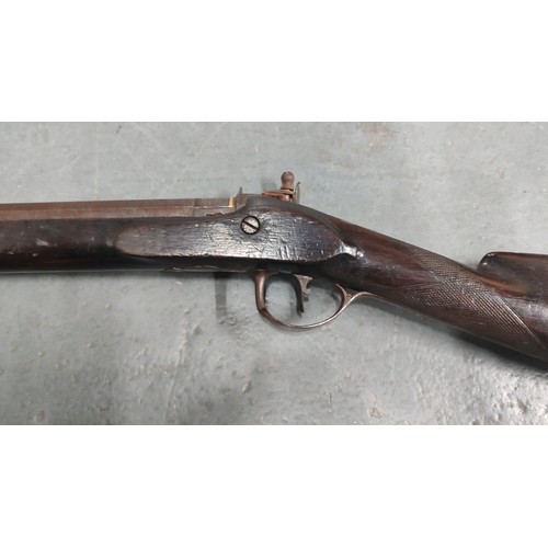 61 - Antique 19thC. long-barrelled flint-lock rifle with ornate engravings marked 