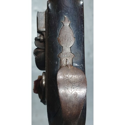 61 - Antique 19thC. long-barrelled flint-lock rifle with ornate engravings marked 