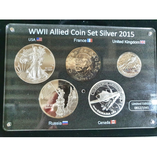 25 - BOXED 2015 WW II ALLIED SILVER FIVE COIN SET WITH CERTIFICATES