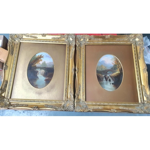 121 - Pair of Victorian Welsh river bridge scenes both signed C LAMBERT and both in gilt oval mounts and m... 