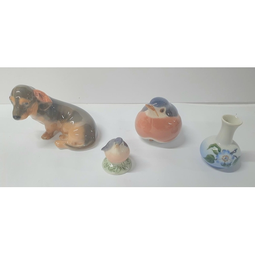 141 - Collection of six pieces of Royal Copenhagen including a Dachshund, 2 small birds, pin dish and plaq... 