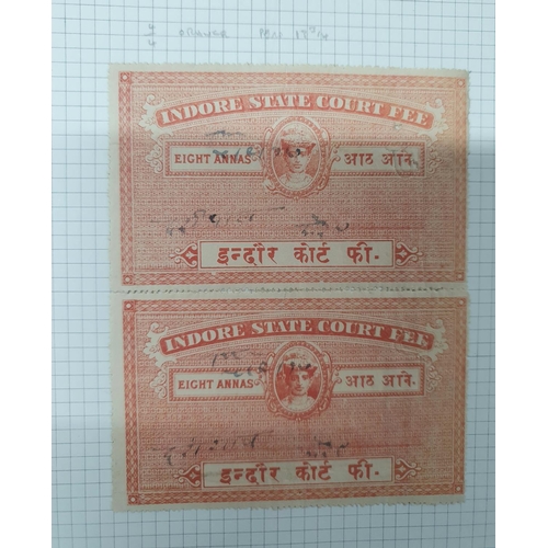 244 - Album containing a large quantity of Indian state of Indore court fee stamps mainly stamped off, som... 