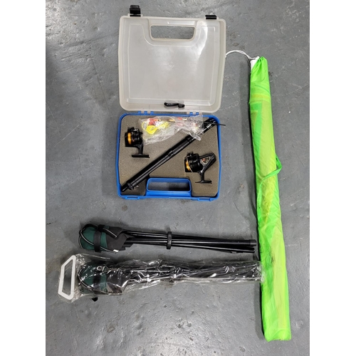 558 - Cased set of children's fishing tackle, two rods with reels plus two seats and an umbrella (Qty)