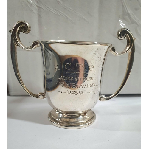 8 - Small silver 1938 Tennis cup, ladies singles, Mrs H Bewley, inscribed H C T C,

45 grams