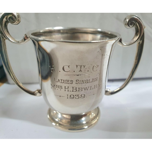 8 - Small silver 1938 Tennis cup, ladies singles, Mrs H Bewley, inscribed H C T C,

45 grams